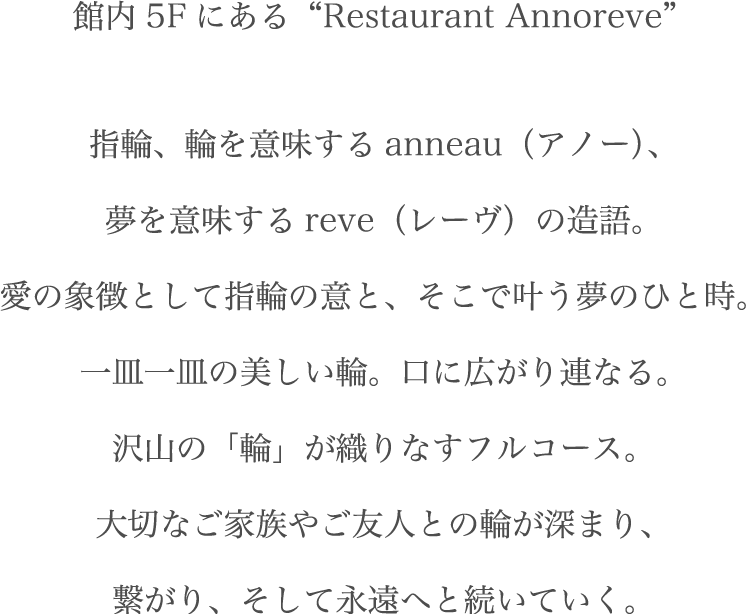 “館内5Fにある“Restaurant Annoreve”指輪、輪を意味するanneau(アノー)、夢を意味するreve(レーヴ)の造語。愛の象徴として指輪の意と、そこで叶う夢のひと時。一皿一皿の美しい輪。口に広がり連なる。沢山の「輪」が織りなすフルコース。大切なご家族やご友人との輪が深まり、繋がり、そして永遠へと続いていく。